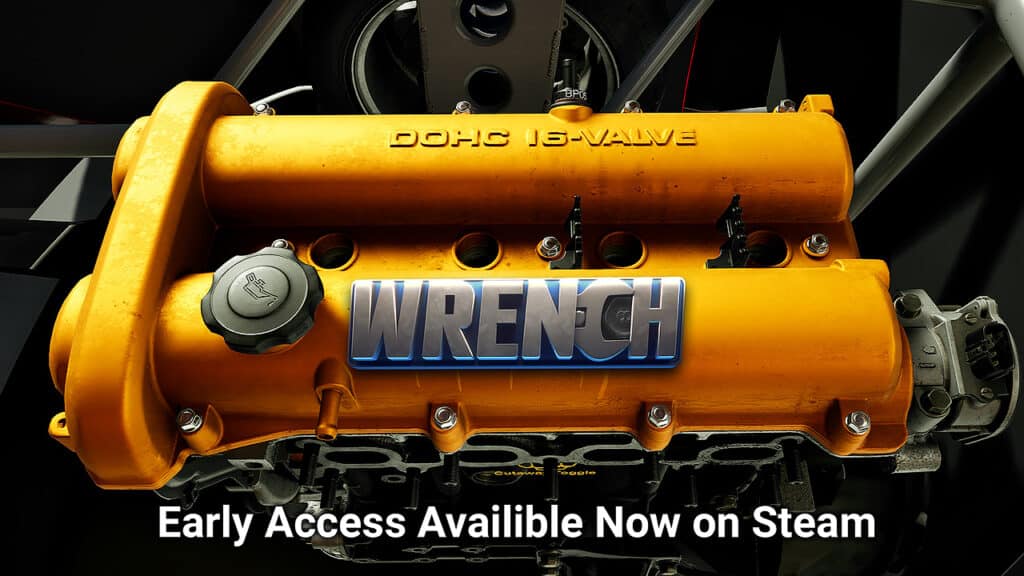 La imagen muestra un primer plano de una parte mecánica, específicamente una tapa de motor con el texto “DOHC 16-VALVE” en ella. En el centro, hay un logotipo o emblema que dice “WRENCH”, estilizado con un aspecto metálico y colocado sobre dos llaves cruzadas. Debajo de este emblema, hay un texto adicional que indica “Early Access Available Now on Steam”, lo que indica que esta imagen probablemente está relacionada con un videojuego o software disponible en la plataforma Steam. La tapa del motor es de color naranja brillante, contrastando con el fondo oscuro que la hace resaltar.