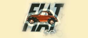 Publicidad vintage del Fiat 500, conocido como “Topolino”. El coche se muestra en vista lateral, centrado contra un fondo estilizado con la palabra “FIAT” destacada en letras grandes y audaces que se superponen. Debajo del modelo del coche está escrito “500”, y en la esquina inferior derecha, parece haber una firma o texto que dice “Topolino”. La obra de arte tiene un estilo retro y muestra el diseño de un icónico coche compacto italiano