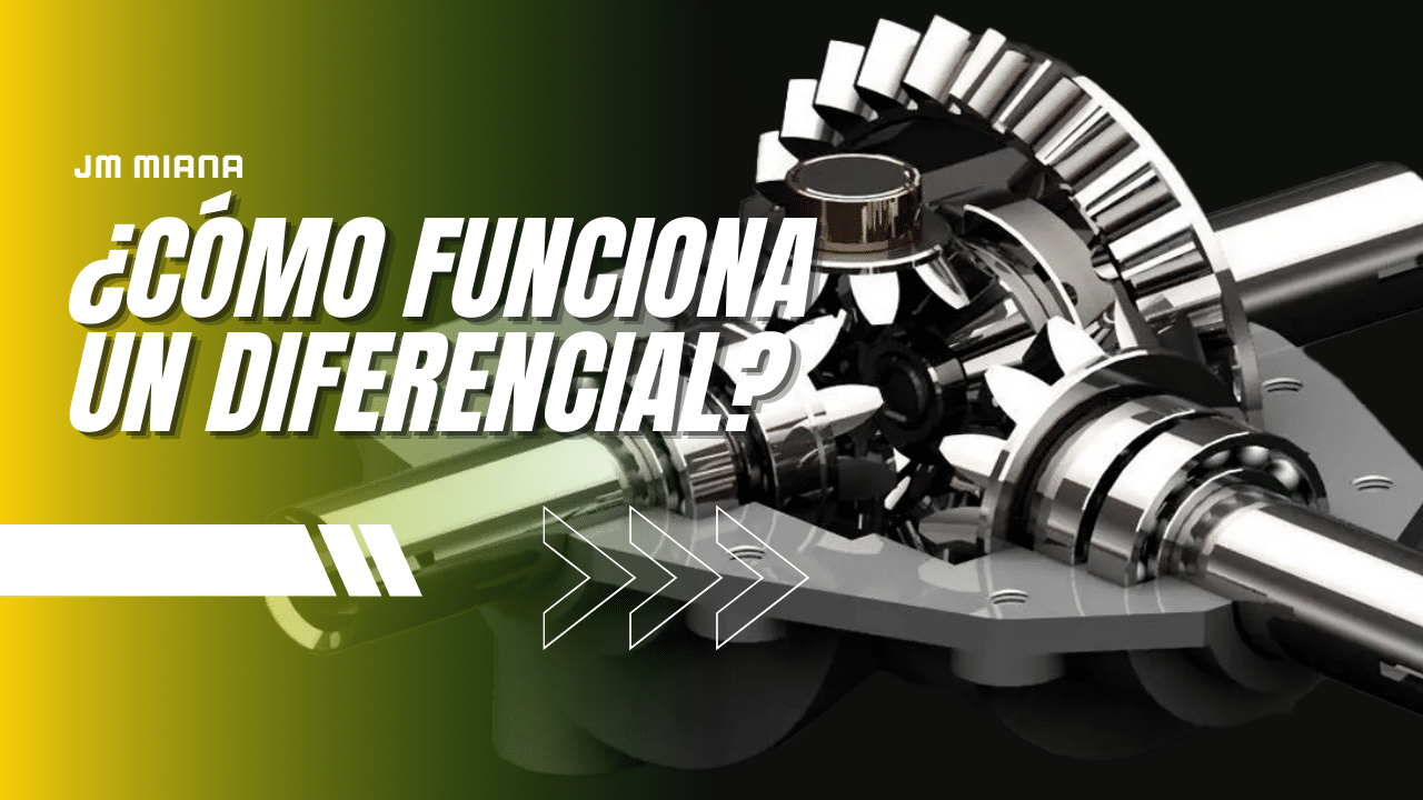 Imagen de un diferencial automotriz en color gris y plata, con engranajes visibles en una disposición mecánica compleja. En la parte superior izquierda sobre fondo negro, se lee ‘jm miñana’ en letras blancas. En el centro izquierdo hay texto en grande que dice ‘¿CÓMO FUNCIONA UN DIFERENCIAL?’ con un fondo verde lima y flechas blancas apuntando hacia la derecha, indicando movimiento o funcionamiento. La imagen es relevante para explicar visualmente los componentes y el principio de funcionamiento de un diferencial en vehículos. Cómo funciona el diferencial.