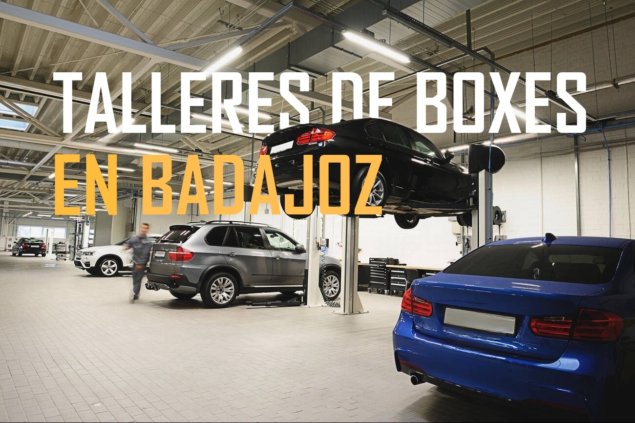 Donde cambiar el aceite del coche uno mismo en Badajoz: La imagen muestra un taller automotriz moderno y bien iluminado en Badajoz. Al frente, hay un par de vehículos, uno de ellos en un elevador, lo que indica un espacio preparado para realizar reparaciones o mantenimiento en autos. Los coches en la imagen son de gama alta, resaltando un enfoque en servicios de calidad para vehículos de lujo. El título en la imagen, “Talleres de Boxes en Badajoz”, está en letras blancas y amarillas en un diseño que destaca sobre el fondo, probablemente para promocionar un servicio de taller en la región. El entorno es limpio y ordenado, sugiriendo profesionalismo y atención al detalle.
