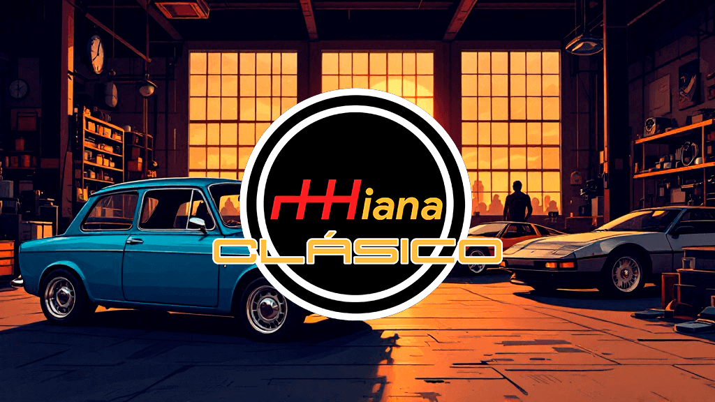 "El interior de un garaje o taller con dos autos clásicos. Uno es un modelo vintage azul y el otro es un auto deportivo plateado. El garaje está bien iluminado con grandes ventanas en el fondo, permitiendo que entre la luz del sol y creando una atmósfera cálida. Hay estantes con varias herramientas y equipos en las paredes. En primer plano, hay un logo circular con el texto 'Miana CLÁSICO' en el centro. El logo tiene un fondo negro con acentos blancos y rojos.