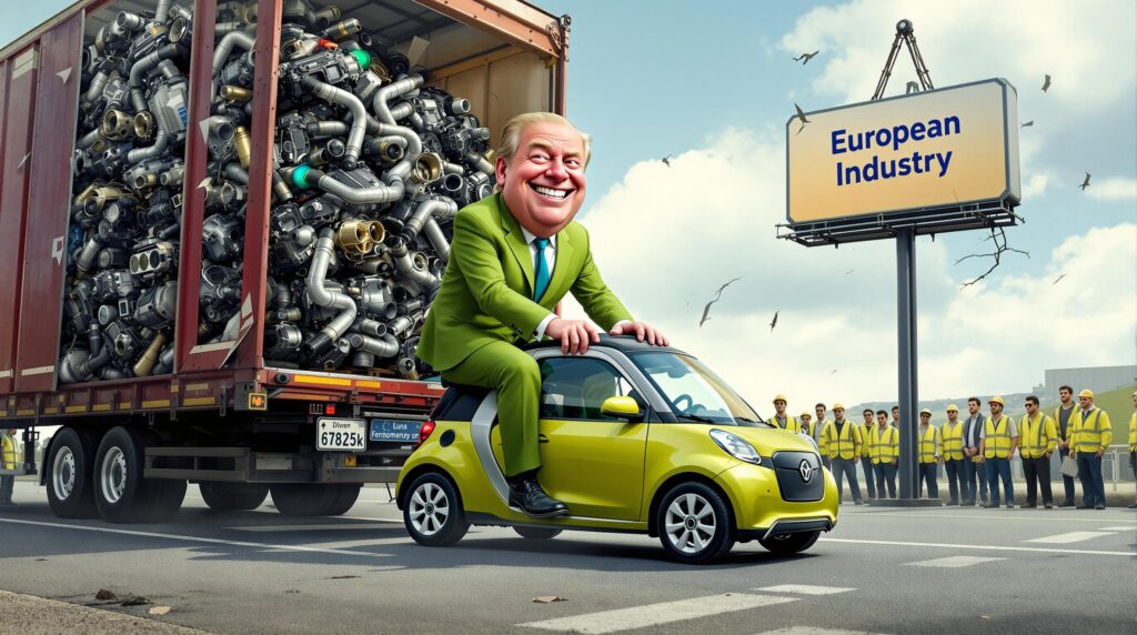 La imagen muestra un hombre con traje verde sentado en un pequeño automóvil amarillo. Detrás del automóvil hay un camión con un contenedor lleno de piezas metálicas y tubos. A la derecha, hay un cartel que dice "European Industry". En el fondo, un grupo de personas con chalecos de seguridad amarillos están de pie en fila.