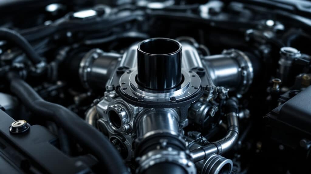 Esta imagen muestra un motor diésel de alta tecnología con componentes metálicos brillantes y tuberías complejas. En el centro, se destaca una pieza cilíndrica negra rodeada de varias conexiones y tornillos. La imagen resalta la ingeniería precisa y la complejidad de los motores diésel modernos, lo que es relevante para quienes estudian o trabajan en mecánica automotriz.