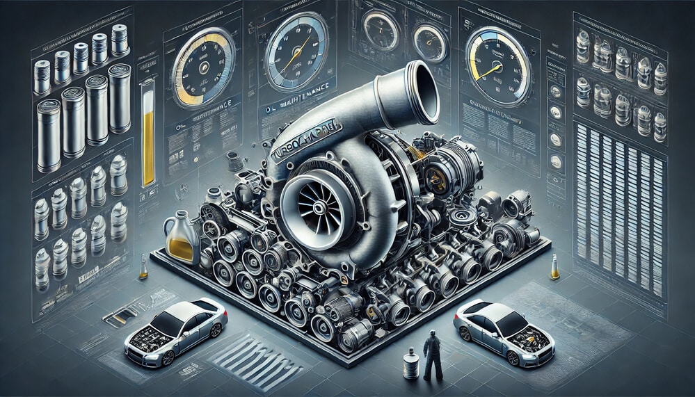 La imagen muestra una ilustración detallada de un turbocompresor rodeado de varios componentes automotrices y diagramas técnicos. El foco central es un gran turbocompresor etiquetado como 'TURBOCHARGER', rodeado de piezas mecánicas más pequeñas como pistones, bujías y otros componentes del motor. En la parte inferior de la imagen, hay dos coches con los capós abiertos, revelando sus motores. Una persona está de pie cerca de los coches, posiblemente indicando la escala del turbocompresor y los componentes.
El fondo presenta múltiples diagramas técnicos y medidores, mostrando información detallada sobre los componentes, como sus dimensiones, especificaciones y métricas de rendimiento. También hay imágenes de contenedores de aceite y otros elementos relacionados con el mantenimiento.