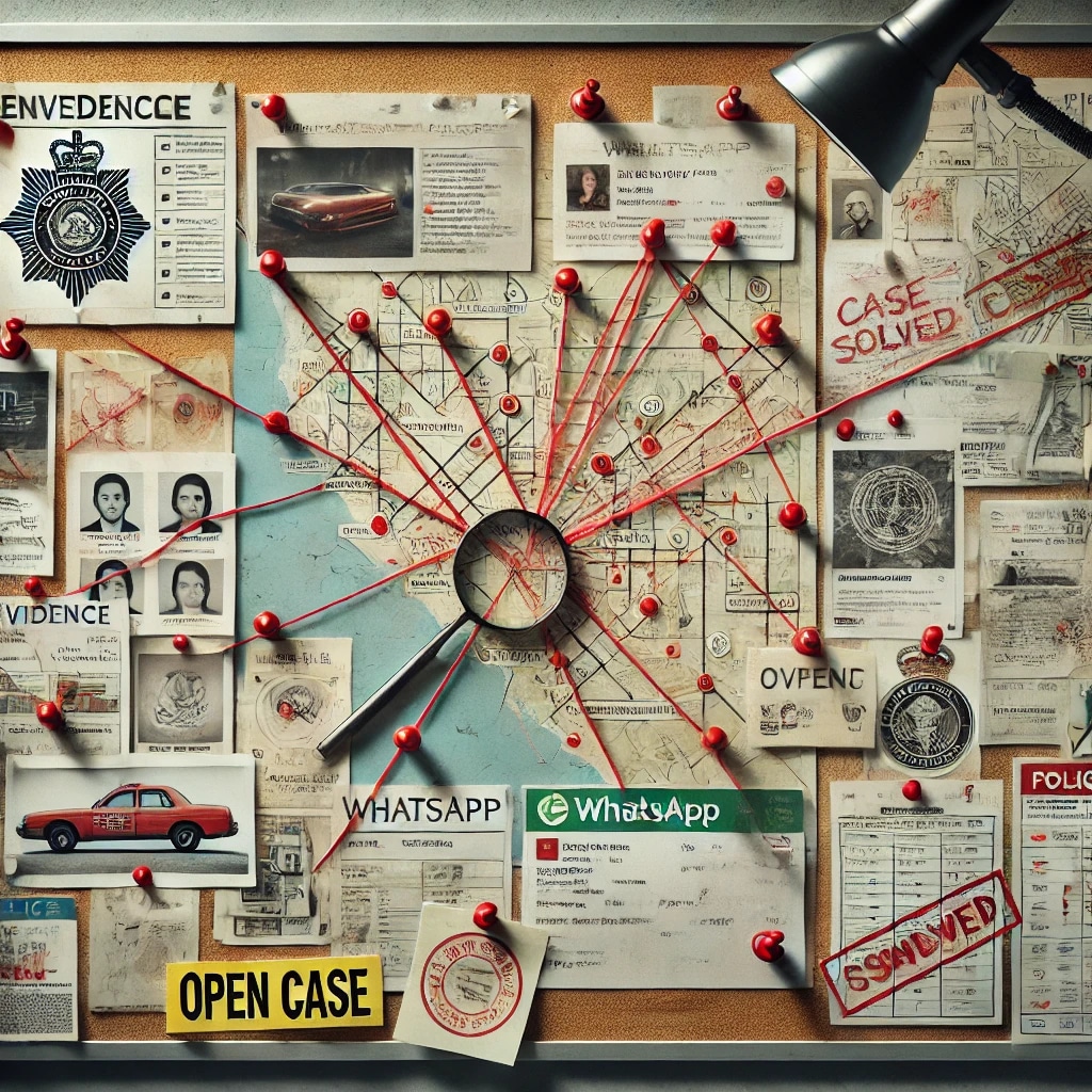 : La imagen muestra un tablero de pruebas de un detective, comúnmente utilizado en investigaciones criminales. El tablero está lleno de varios documentos, fotografías, mapas y notas conectadas por hilos rojos y alfileres, indicando relaciones y conexiones entre diferentes piezas de evidencia. Los elementos clave incluyen:
Un mapa central con numerosos hilos rojos que conducen a varios puntos.
Fotografías de sospechosos y vehículos.
Documentos oficiales y tarjetas de identificación.
Etiquetas como "EVIDENCE," "OPEN CASE," y "CASE SOLVED."
Una captura de pantalla de un mensaje de WhatsApp.
Una lupa colocada sobre el mapa.
Esta imagen ilustra el proceso de juntar pistas y evidencias para resolver un crimen, mostrando la complejidad y el detalle involucrados en las investigaciones criminales.