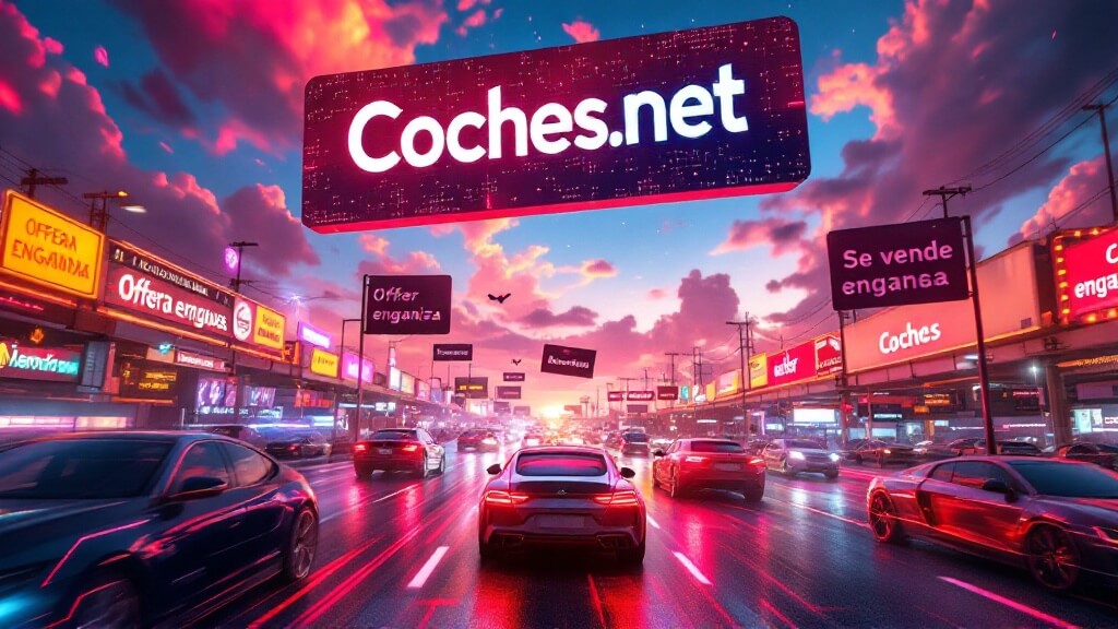 La imagen muestra una carretera con varios coches en movimiento, rodeada de carteles publicitarios que destacan estafas en Coches.net.Los carteles tienen mensajes como "Ofertas engañosas", "Se vende engaña" y "Coches". En el centro superior de la imagen, un gran cartel luminoso dice "Coches.net". El cielo está teñido de colores rosados y naranjas, sugiriendo un atardecer. La imagen destaca la problemática de las estafas en la plataforma de venta de coches Coches.net.