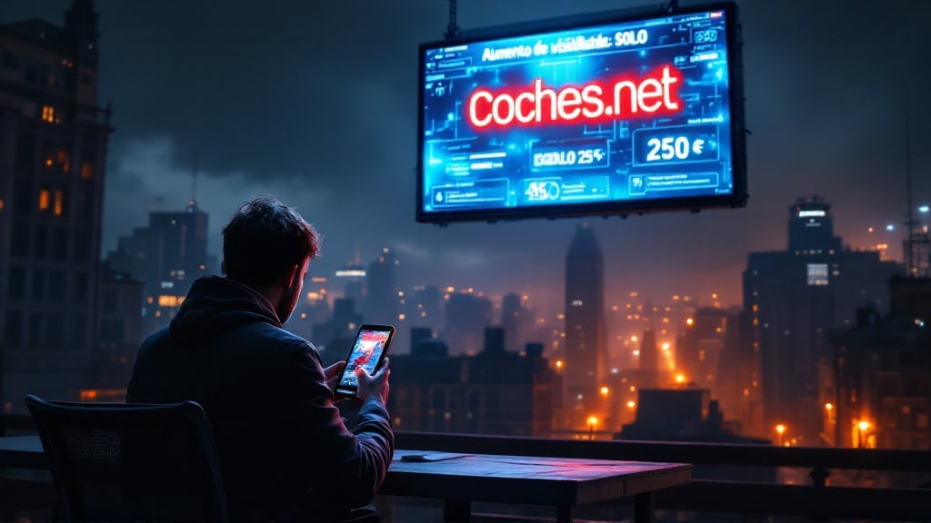 La imagen muestra a una persona sentada en una azotea de noche, sosteniendo un teléfono inteligente y mirando una gran cartelera digital. La cartelera muestra un anuncio para "Coches.net" con varios detalles en español. El fondo presenta un paisaje urbano con edificios iluminados y farolas, creando una escena atmosférica y con un toque melancólico. El texto de la cartelera incluye frases como:
"Aumento de visibilidad: SOLO"
"Coches.net"
"250 €"
"MODULO 25 €"
"450 €"