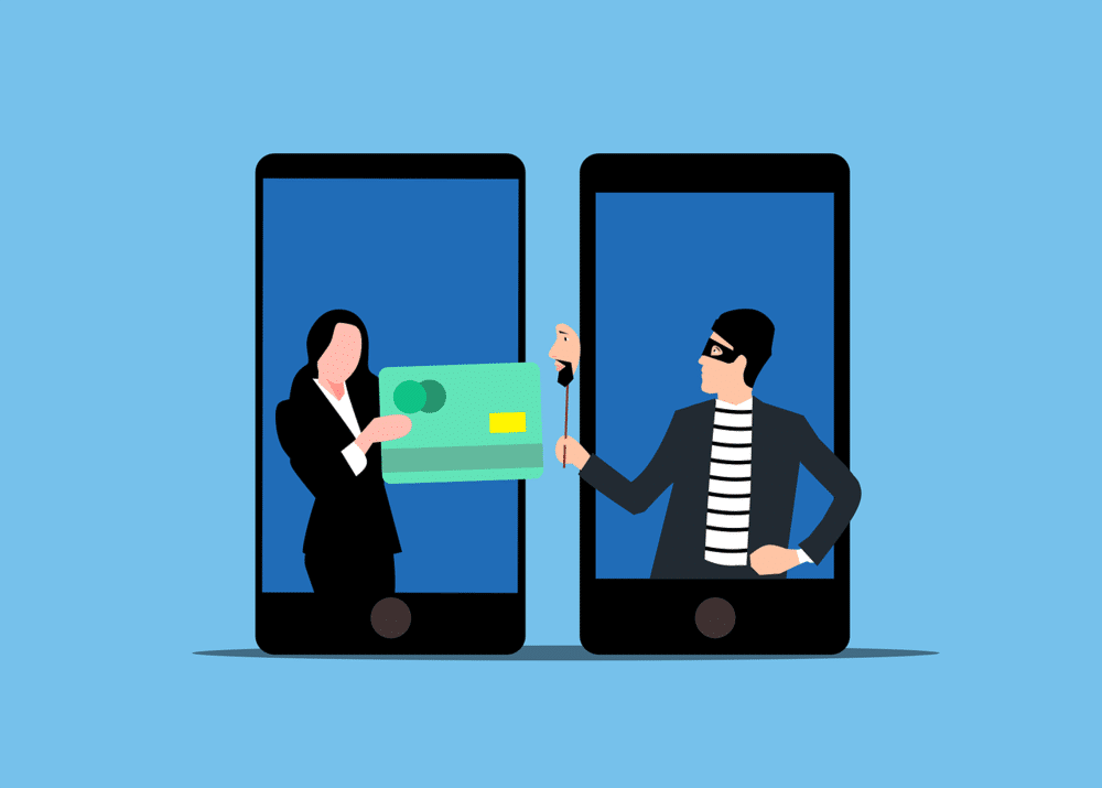 La imagen muestra dos teléfonos inteligentes grandes, con personas que parecen interactuar a través de las pantallas. A la izquierda, una persona con traje sostiene una tarjeta de crédito grande y la extiende hacia la derecha. A la derecha, otra persona sostiene una máscara en un palo, con la máscara pareciendo un rostro. Esta imagen es interesante y relevante, ya que parece representar un concepto relacionado con las transacciones en línea o las interacciones digitales, posiblemente resaltando temas de seguridad, identidad o fraude en el contexto de los pagos digitales.