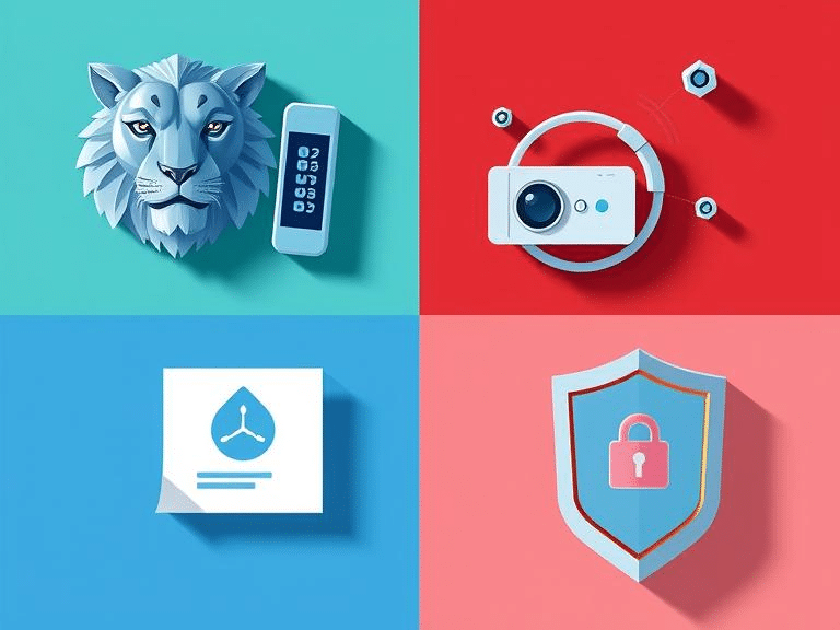 : La imagen está dividida en cuatro cuadrantes, cada uno conteniendo una ilustración diferente.
El cuadrante superior izquierdo presenta un león estilizado y un control remoto con botones.
El cuadrante superior derecho muestra una cámara o dispositivo de proyección con un marco circular y dos pequeños pernos.
El cuadrante inferior izquierdo muestra un papel con un icono de gota de agua y algunas líneas de texto.
El cuadrante inferior derecho contiene un escudo con un símbolo de candado en el centro.