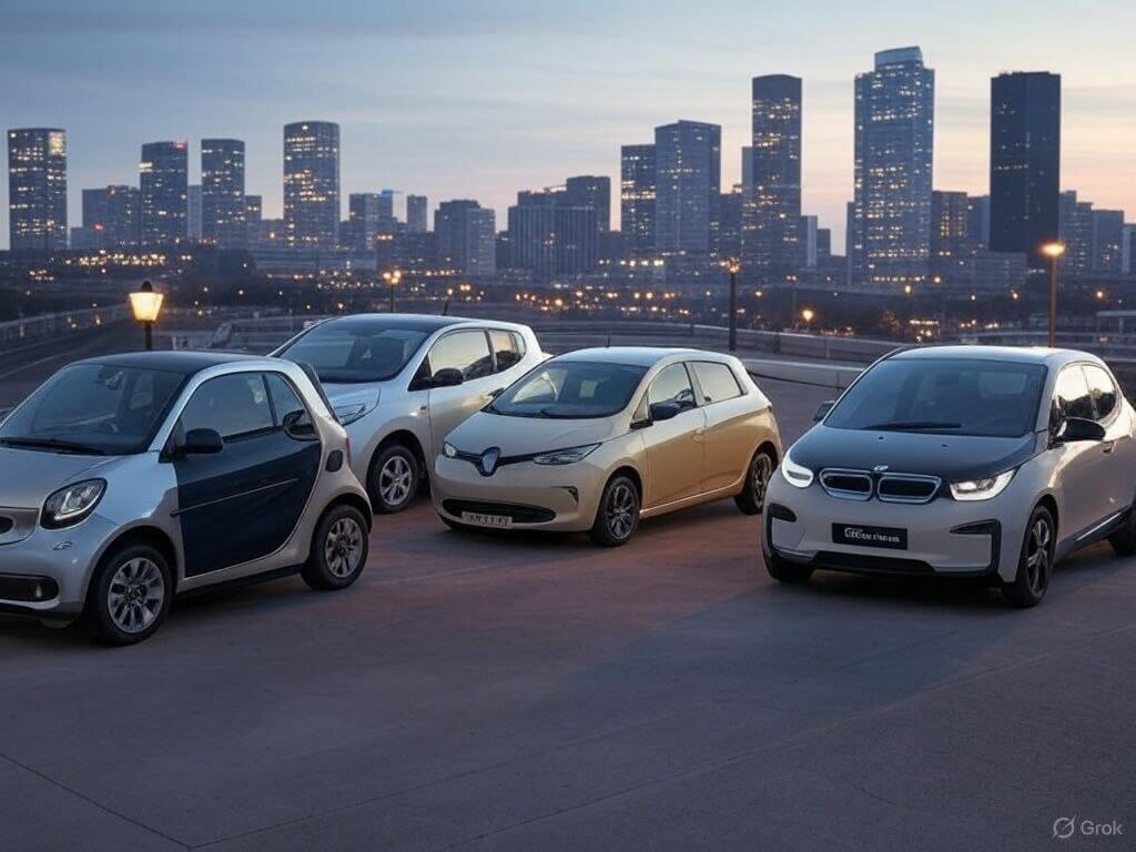Fotografía de cuatro coches eléctricos estacionados sobre una superficie pavimentada al atardecer, con una ciudad al fondo iluminada. Entre los vehículos destacan modelos de Smart, Renault y BMW, mostrando variedad en marcas disponibles en el mercado de segunda mano.