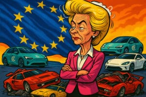 Ilustración crítica de la presidenta de la Comisión Europea. Se encuentra de pie con los brazos cruzados, vistiendo un traje rosa y una blusa blanca. Detrás, la bandera de la Unión Europea con estrellas amarillas sobre un fondo azul. Alrededor, vehículos eléctricos verdes y blancos con el símbolo del euro, representando la transición ecológica. En contraste, coches deportivos rojos y amarillos dañados y abandonados simbolizan el impacto en la industria automotriz tradicional. La imagen refleja una crítica a las políticas de transición energética.